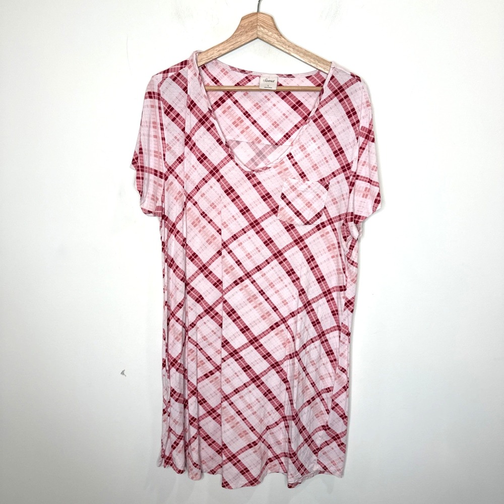 Soma Cool Nights Plaid Sleep Dress Nightgown T-Shirt Stretch Lounge Gown Soft L
